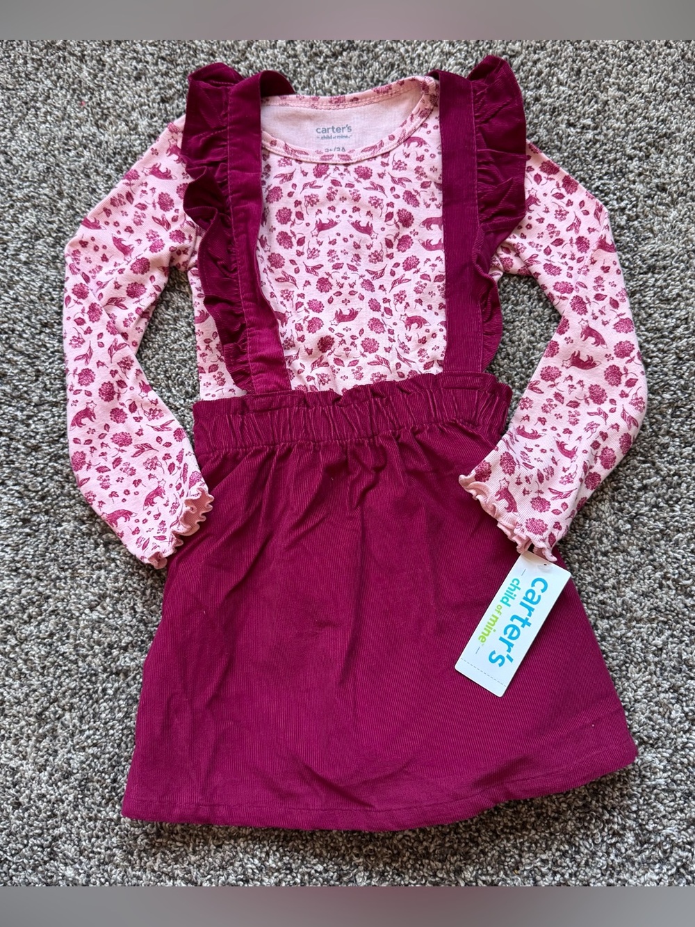 Carter's Pink Floral Top with Berry Pinafore Dress Set